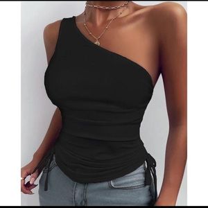 One shoulder black top